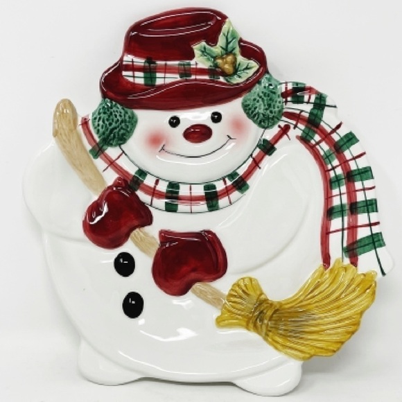 Fitz and Floyd Plaid Christmas Snowman Canape Plate 2063/126 New - Picture 1 of 8